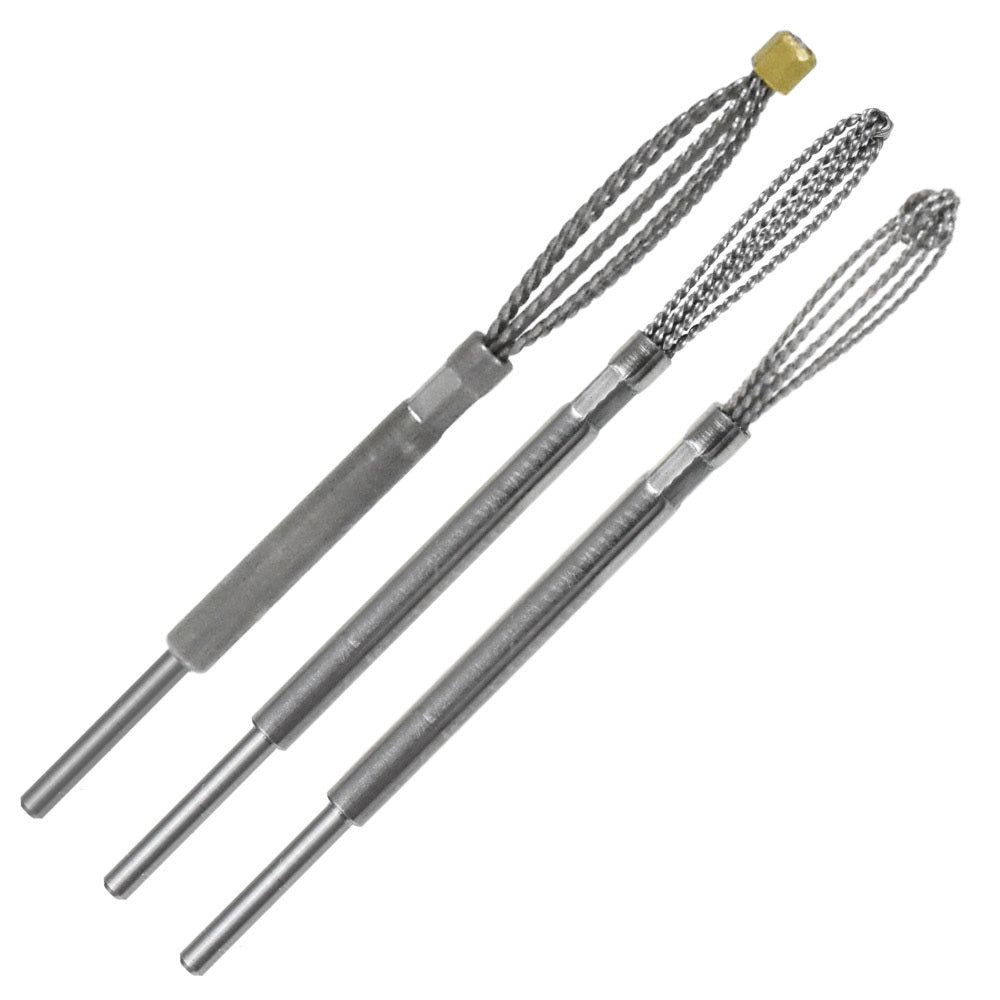 Cross hole deburring tools for cleaning up holes drilled in metal and removing burs